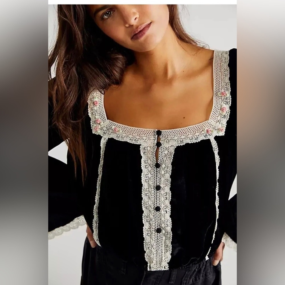 Free People Black Velvet Top Twyla Lace Trim Size M square neck